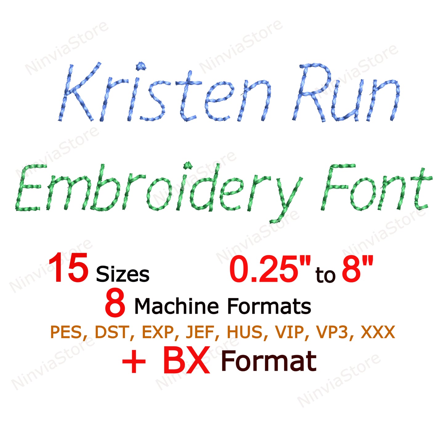 Kristen Bean Stitch Maschinenstickschrift, 15 Größen, 8 Formate, Run Stitch Script BX-Schriftart, PE-Schriftart, Monogramm-Alphabet-Stickmotive