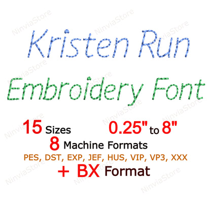 Kristen Bean Stitch Machine Embroidery Font, 15 tailles, 8 formats, Run Stitch Script BX Font, police PE, Monogram Alphabet Broderie Designs