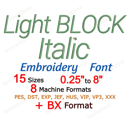 Light Block Italic Maschinenstickschrift, 15 Größen, 8 Formate, BX-Schriftart, PE-Schriftart, Monogramm-Alphabet-Stickmotive