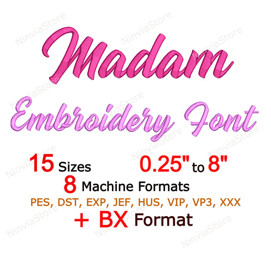 Madam Script Machine Embroidery Font, 15 sizes, 8 formats, BX Font, PE font, Monogram Alphabet Embroidery Designs