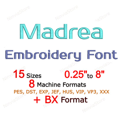 Madrea Machine Embroidery Font, 15 sizes, 8 formats, BX Font, PES font, Monogram Alphabet Embroidery Design