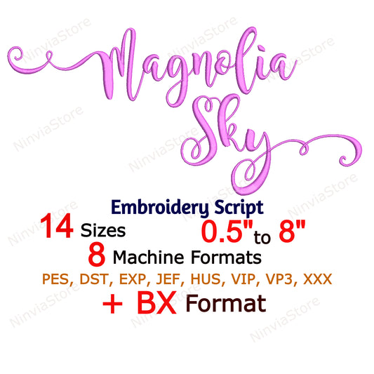 Magnolia Sky Script Machine Embroidery Font, 14 tailles, 8 formats, police BX, police PE, motifs de broderie Monogram Alphabet