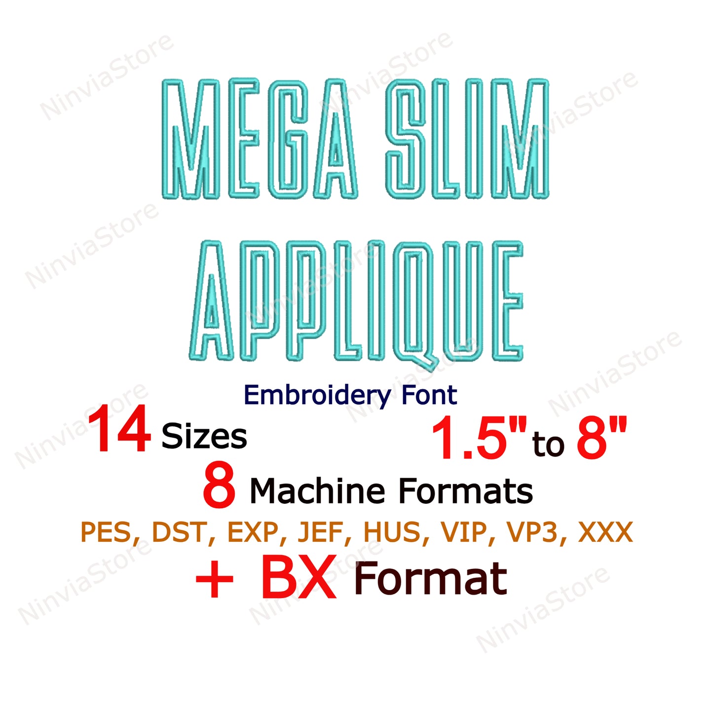 Dünne Block-Maschinenstickschrift, 15 Größen, 8 Formate, BX-Schriftart, PE-Schriftart, Monogramm-Alphabet-Stickmotive