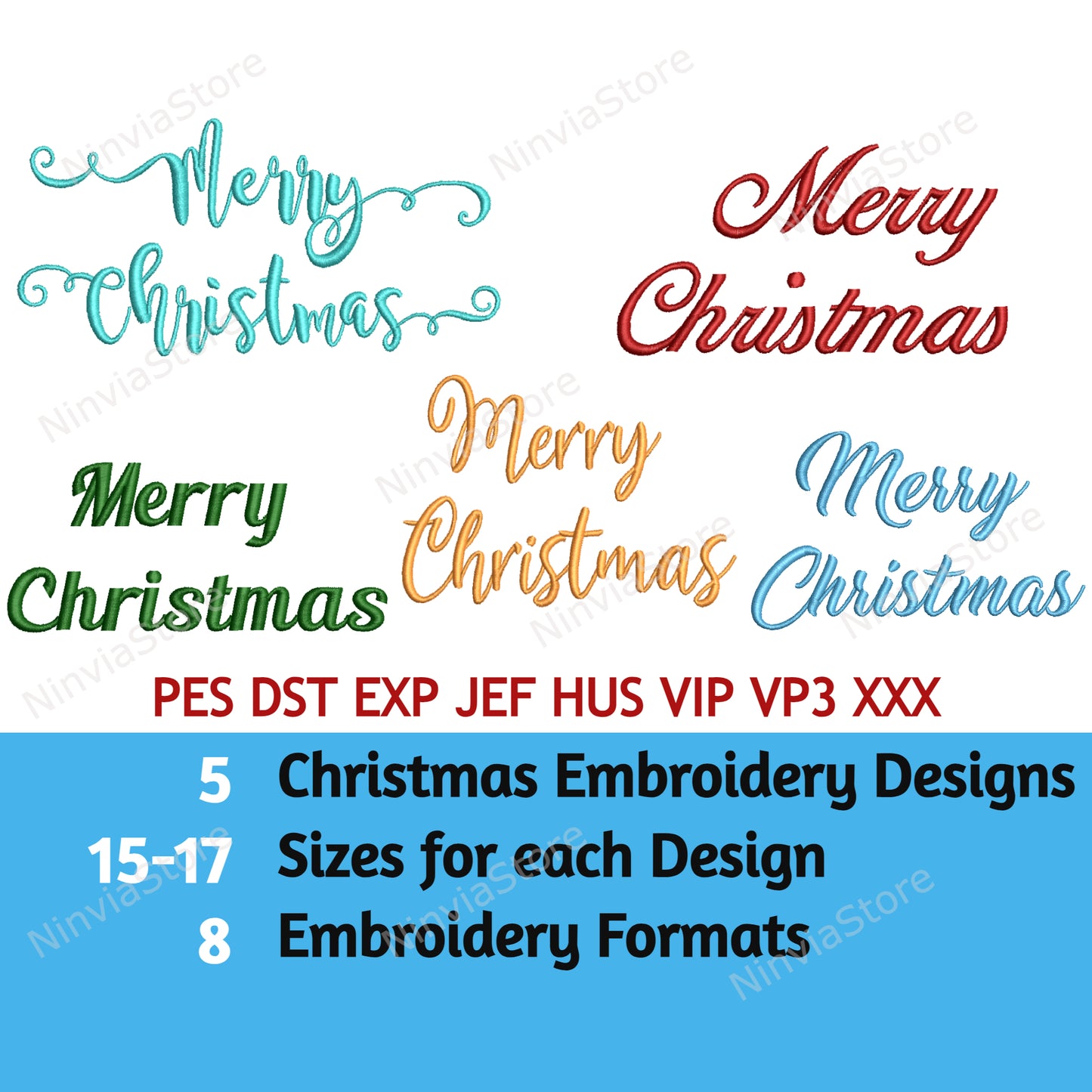 5 Merry Christmas Embroidery Designs, 15-17 Sizes, 8 formats, Christmas Machine Embroidery Pattern