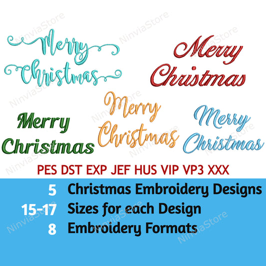 5 Merry Christmas Embroidery Designs, 15-17 Sizes, 8 formats, Christmas Machine Embroidery Pattern