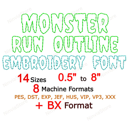 Monster Outline Bean Stitch Machine Embroidery Font, 14 sizes, 8 formats, Run Stitch Halloween BX Font, PE font, Monogram Alphabet Embroidery Designs