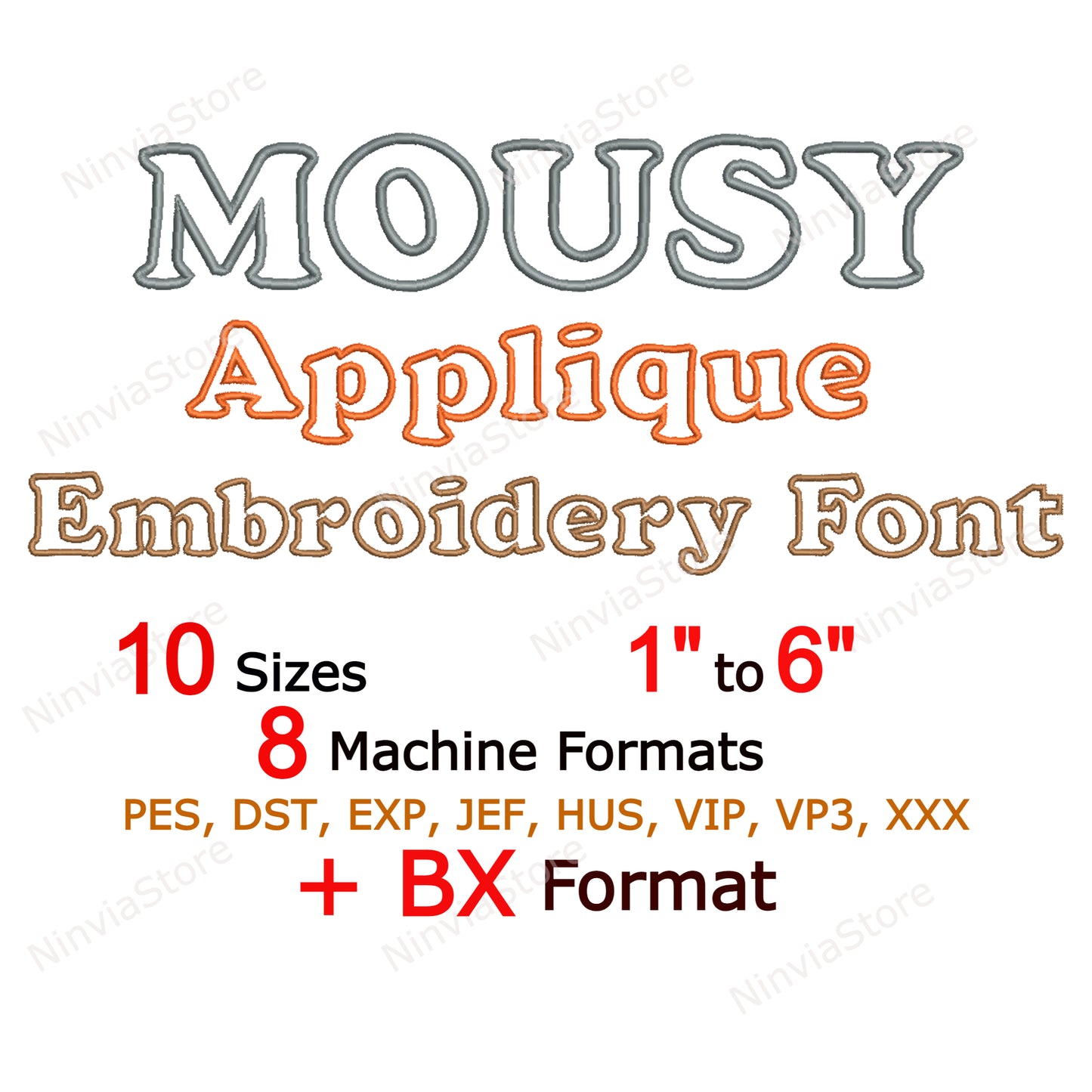 Mousy Applique Machine Embroidery Font, 10 sizes, 8 formats, BX Font, PE font, Monogram Alphabet Embroidery Designs