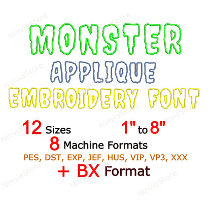 Monster-Applikation-Maschinenstickschrift, 12 Größen, 8 Formate, Halloween BX-Schriftart, PE-Schriftart, Monogramm-Alphabet-Stickmotive