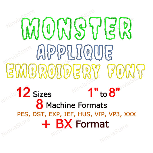 Police de broderie Machine Monster Applique, 12 tailles, 8 formats, police Halloween BX, police PE, motifs de broderie Monogram Alphabet