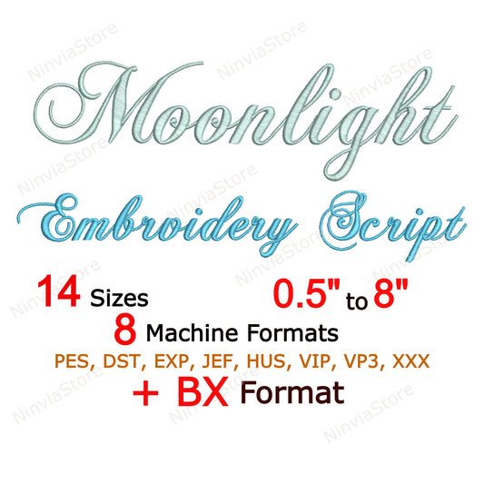 Moonlight Script Machine Embroidery Font, 14 sizes, 8 formats, BX Font, PE font, Monogram Alphabet Embroidery Designs