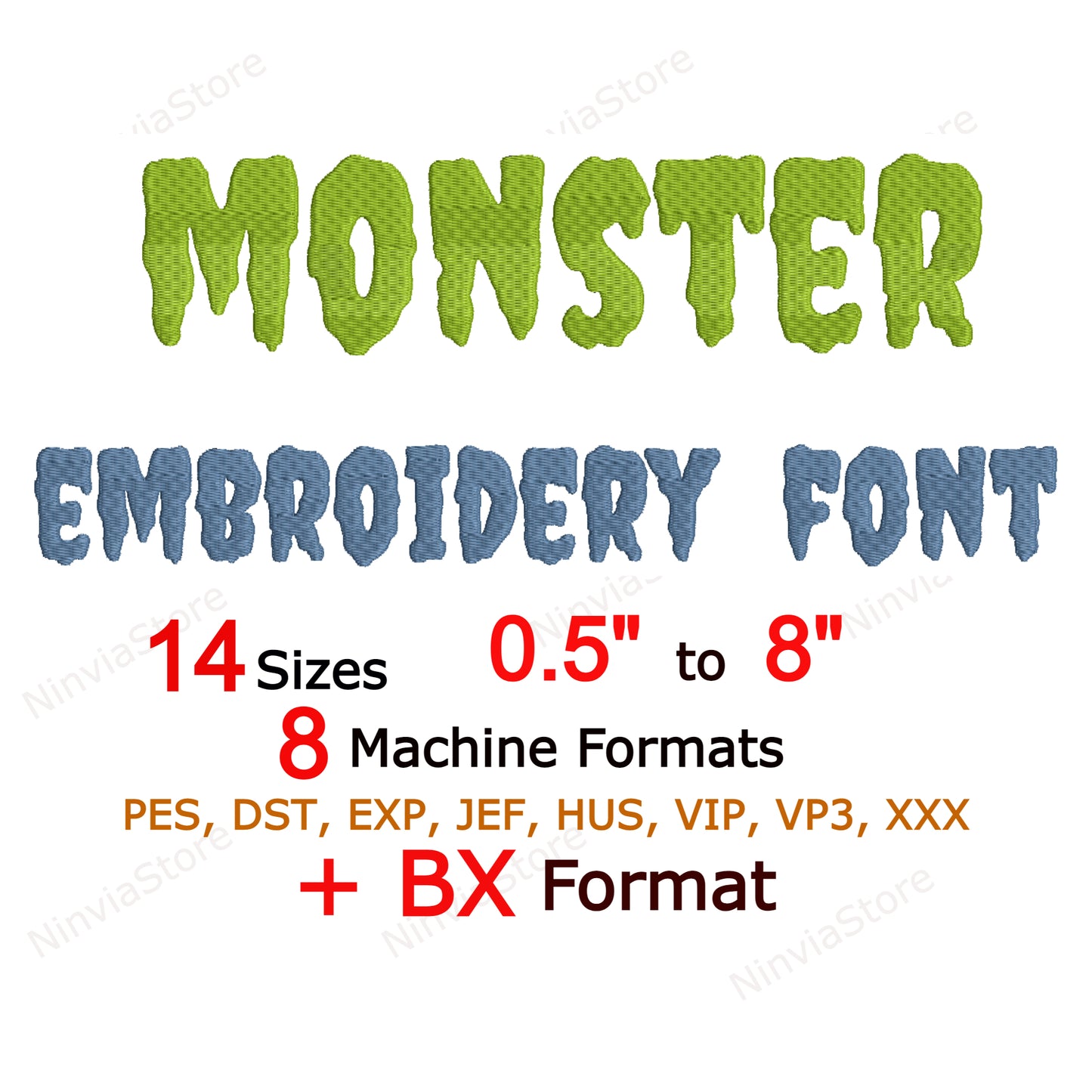 Monster-Maschinenstickschrift, 14 Größen, 8 Formate, Halloween BX-Schriftart, PE-Schriftart, Monogramm-Alphabet-Stickmotive