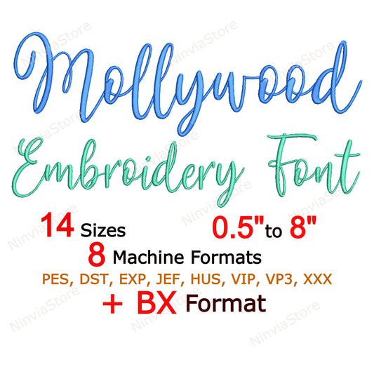 Police de broderie Mollywood Script Machine, 14 tailles, 8 formats, police BX, police PE, motifs de broderie Monogram Alphabet