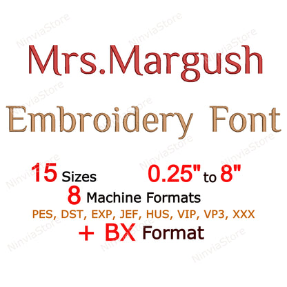 Police de broderie machine Mme Margush, 15 tailles, 8 formats, police BX, police PE, motifs de broderie Monogram Alphabet