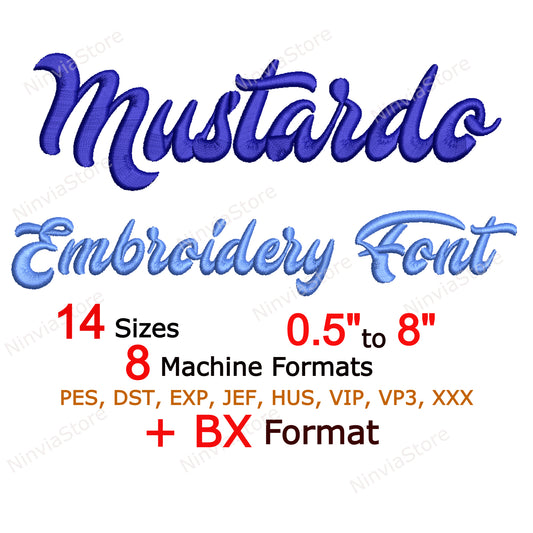 Police de broderie Machine Mustardo Script, 14 tailles, 8 formats, police BX, police PE, motifs de broderie Monogram Alphabet