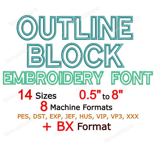 Outline Block Machine Embroidery Font, 14 sizes, 8 formats, BX Font, PE font, Monogram Alphabet Embroidery Design