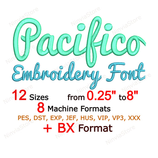 Pacifico Script Maschinenstickschrift, 12 Größen, 8 Formate, BX-Schriftart, PE-Schriftart, Monogramm-Alphabet-Stickmotive