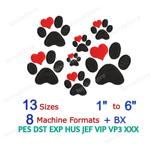 Paw Embroidery Design, Paw Heart Machine Embroidery, Valentine's Day, Paw Embroidery Pattern, 13 Sizes, 9 formats