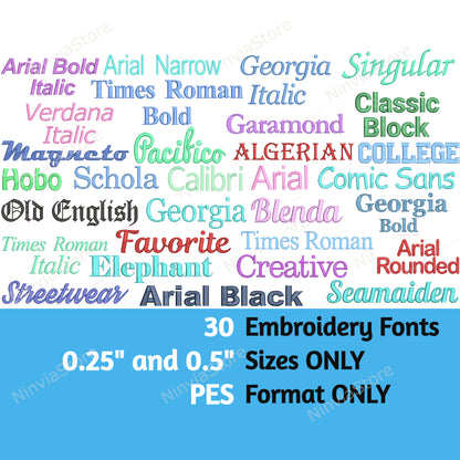 30 PES-Stickschriftarten in den Größen 0,25" und 0,5", Maschinenstickschrift PE, Alphabet-Stickdesign, PE-Schriftart für Stickereien, kleine Schriftarten