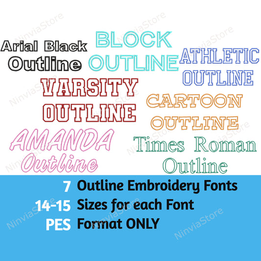 7 PES Outline Embroidery Fonts Bundle, Machine Embroidery Font PES, Alphabet Embroidery Design PES font for Embroidery, Outline Monogram Font pe