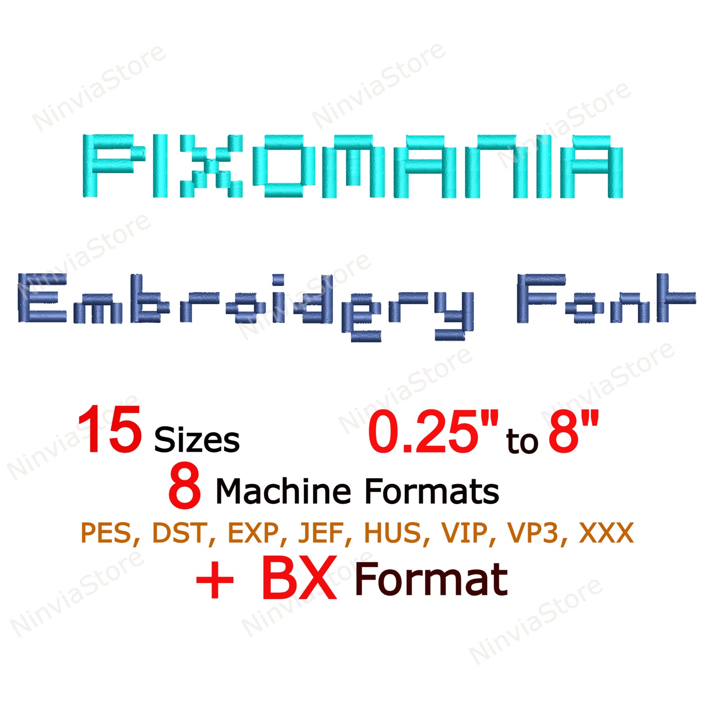 Police de broderie Machine Pixomania, 15 tailles, 8 formats, police BX, police PE, motifs de broderie Monogram Alphabet