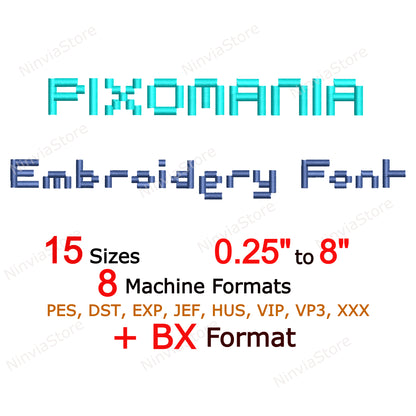 Pixomania Machine Embroidery Font, 15 sizes, 8 formats, BX Font, PE font, Monogram Alphabet Embroidery Designs