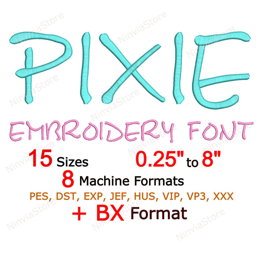 Pixie Machine Embroidery Font, 15 sizes, 8 formats, BX Font, PE font, Monogram Alphabet Embroidery Design