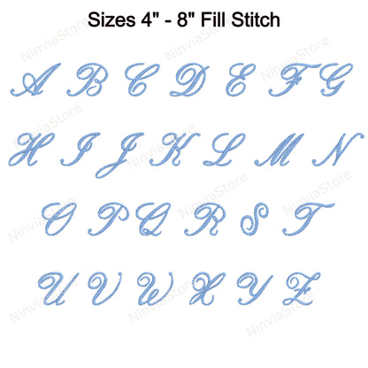 Police de broderie Machine Quany Script, 15 tailles, 8 formats, police BX, police PE, motifs de broderie Monogram Alphabet