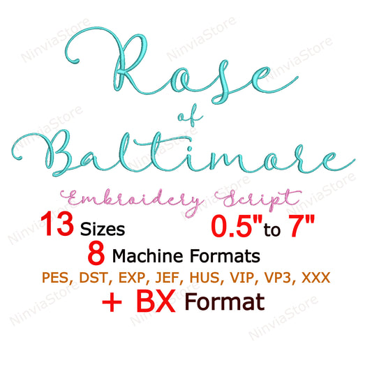 Rose of Baltimore Script Machine Embroidery Font, 13 tailles, 8 formats, police BX, police PE, Monogram Alphabet Broderie Designs