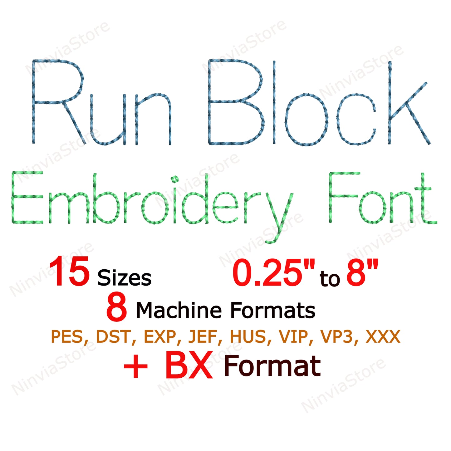 Block Bean Stitch Machine Embroidery Font, 15 tailles, 8 formats, Run Stitch Block BX Font, police PE, Monogram Alphabet Broderie Designs