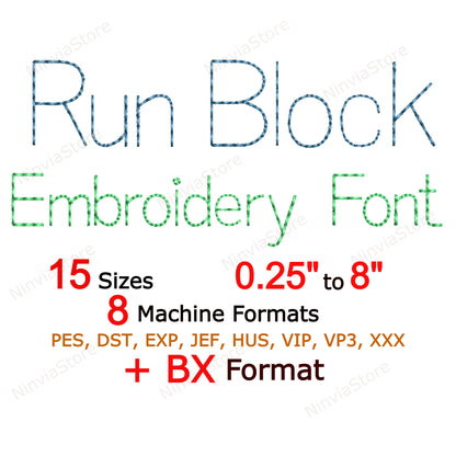 Block Bean Stitch Machine Embroidery Font, 15 tailles, 8 formats, Run Stitch Block BX Font, police PE, Monogram Alphabet Broderie Designs