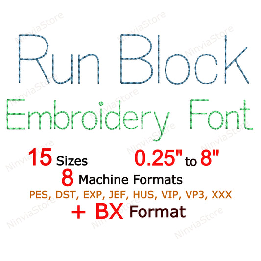 Block Bean Stitch Machine Embroidery Font, 15 sizes, 8 formats, Run Stitch Block BX Font, PE font, Monogram Alphabet Embroidery Designs