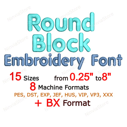 Round Block Machine Embroidery Font, 15 sizes, 8 formats, BX Font, PE font, Monogram Alphabet Embroidery Designs