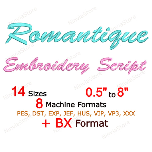 Romantique Script Machine Embroidery Font, 14 sizes, 8 formats, BX Font, PE font, Monogram Alphabet Embroidery Designs