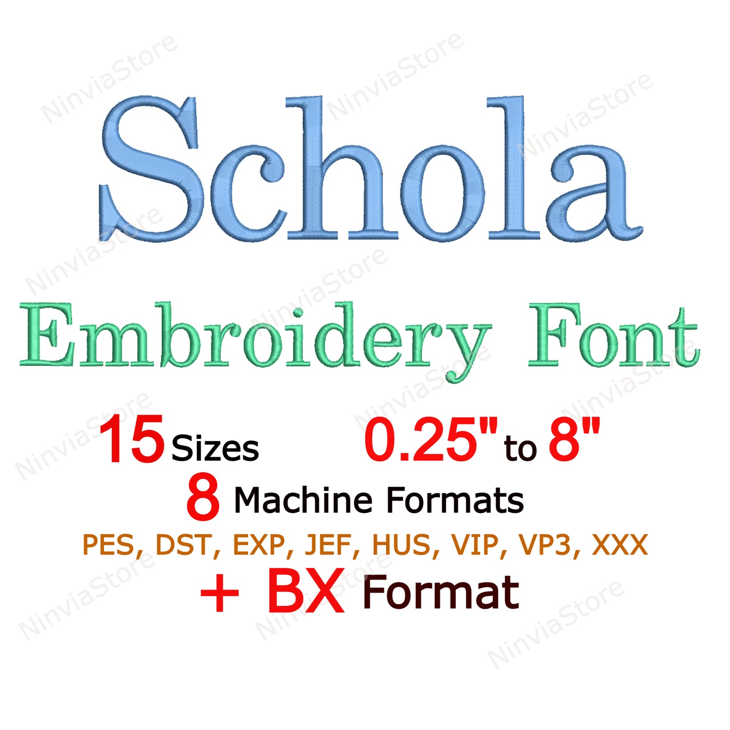 Schola Machine Embroidery Font, 15 sizes, 8 formats, BX Font, PE font, Monogram Alphabet Embroidery Designs