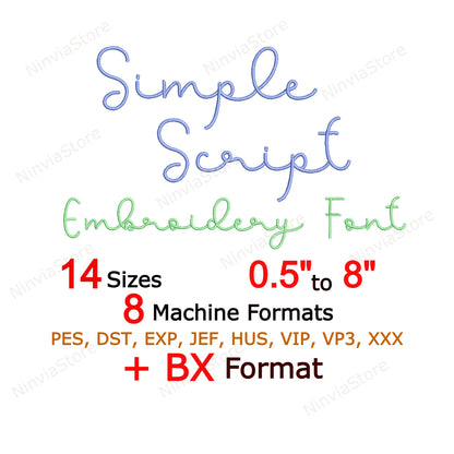 Simple Script Machine Embroidery Font, 14 sizes, 8 formats, BX Font, PE font, Monogram Alphabet Embroidery Designs