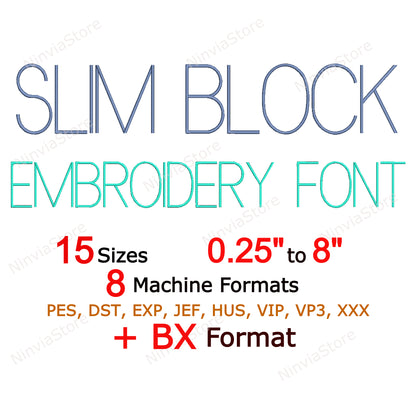 Dünne Block-Maschinenstickschrift, 15 Größen, 8 Formate, BX-Schriftart, PE-Schriftart, Monogramm-Alphabet-Stickmotive