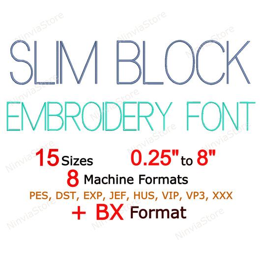 Slim Block Machine Embroidery Font, 15 sizes, 8 formats, BX Font, PE font, Monogram Alphabet Embroidery Designs