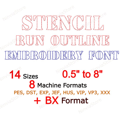 Pochoir Outline Bean Stitch Machine Embroidery Font, 14 tailles, 8 formats, Run Stitch BX Font, PE police, Monogram Alphabet Broderie Designs