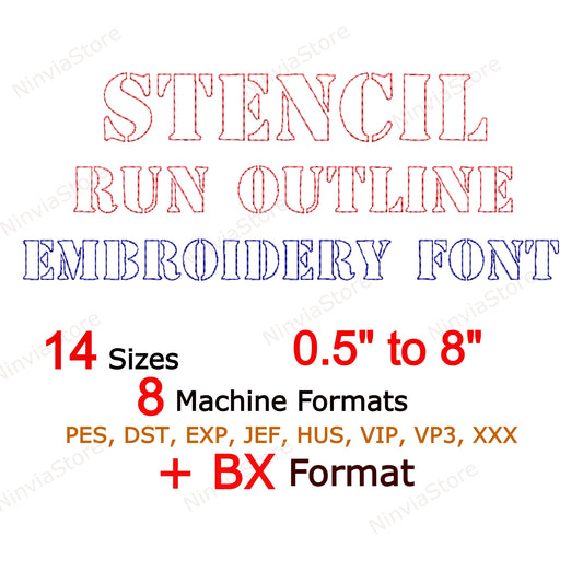 Stencil Outline Bean Stitch Machine Embroidery Font, 14 sizes, 8 formats, Run Stitch  BX Font, PE font, Monogram Alphabet Embroidery Designs