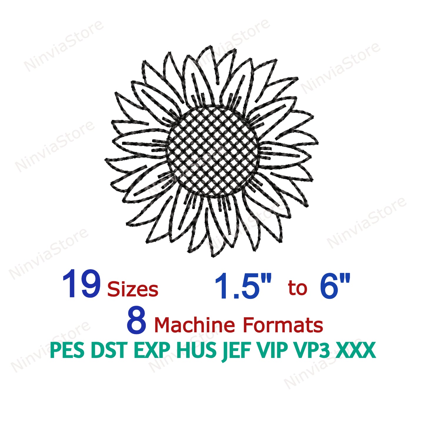 Sunflower Embroidery Design, Sunflower Outline Machine Embroidery, Sunflower Run Stitch Embroidery Pattern, Digital Instant Download