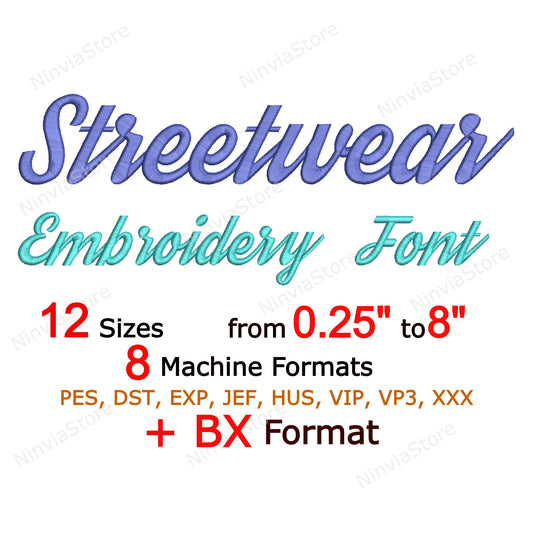 Police de broderie Machine Script Streetwear, 12 tailles, 8 formats, police BX, police PE, motifs de broderie Monogram Alphabet