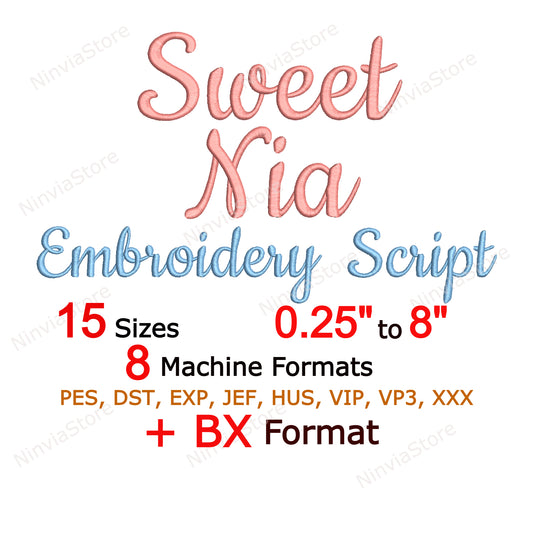 Sweet Nia Script Machine Broderie Font, 15 tailles, 8 formats, Police BX, Police PE, Monogram Alphabet Broderie Designs