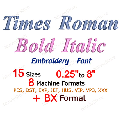 Times Roman Bold Italic Machine Embroidery Font, 15 sizes, 8 formats, BX Font, PE font, Monogram Alphabet Embroidery Designs