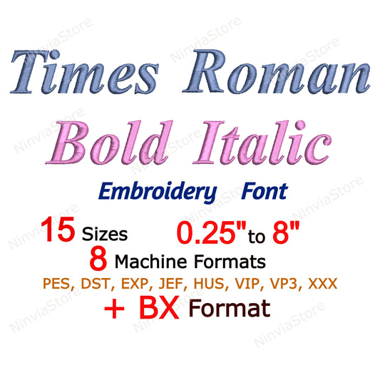 Times Roman Bold Italic Maschinenstickschrift, 15 Größen, 8 Formate, BX-Schriftart, PE-Schriftart, Monogramm-Alphabet-Stickmotive