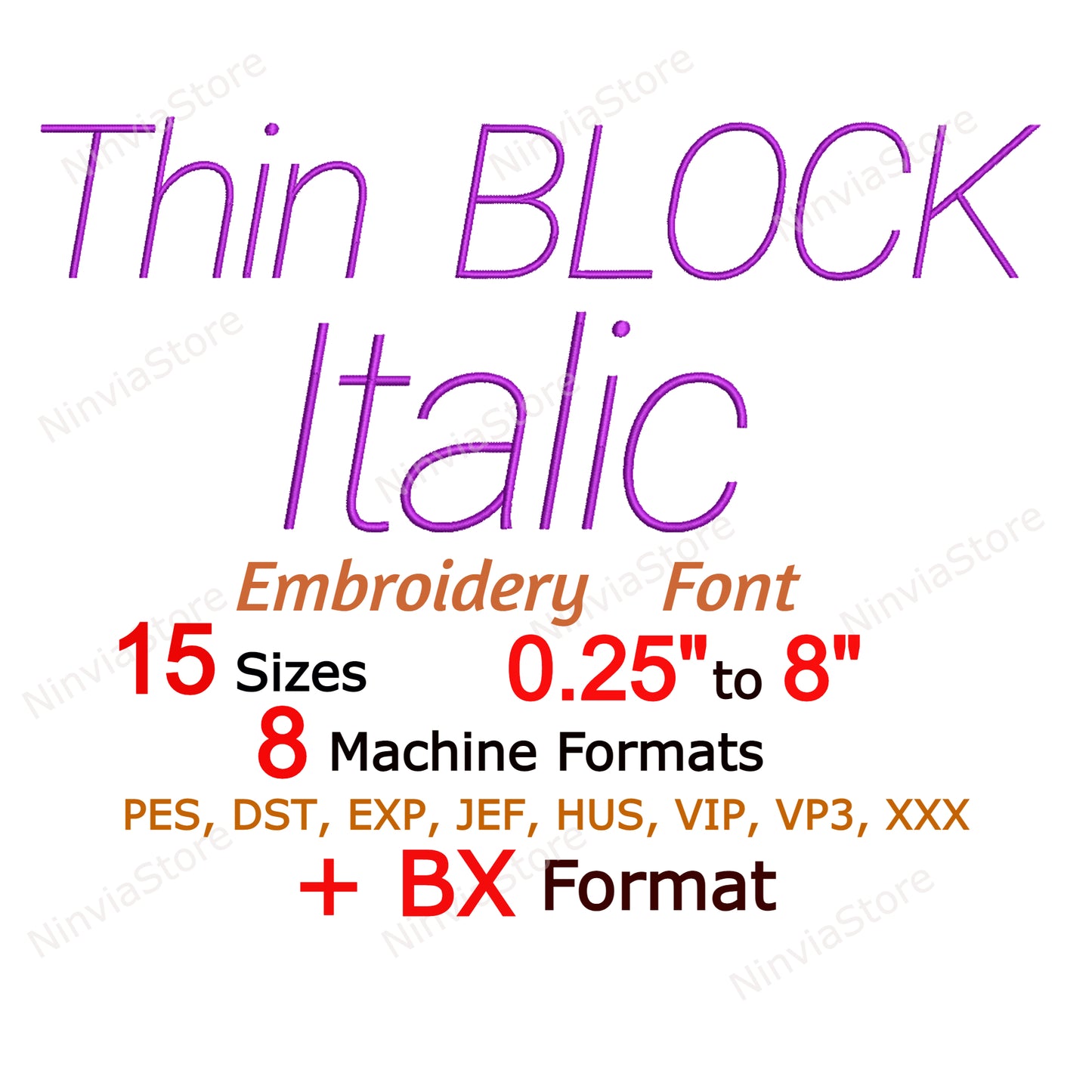 Police de broderie machine italique Thin Block, 15 tailles, 8 formats, police Block BX, police PE, motifs de broderie Monogram Alphabet