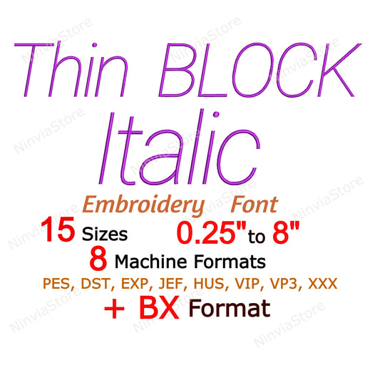 Dünne Block-Italic-Maschinenstickschrift, 15 Größen, 8 Formate, Block BX-Schriftart, PE-Schriftart, Monogramm-Alphabet-Stickmotive