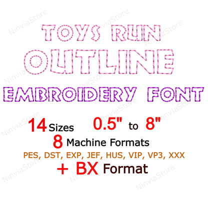 Toys Outline Bean Stitch Machine Embroidery Font, 14 tailles, 8 formats, Run Stitch BX Font, police PE, Monogram Alphabet Broderie Designs