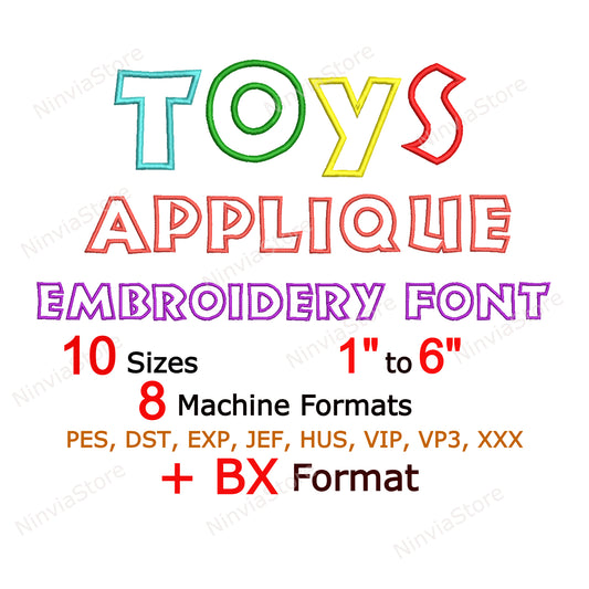 Toys Applique Machine Embroidery Font, 10 tailles, 8 formats, BX Font, PE font, Monogram Alphabet Broderie Designs