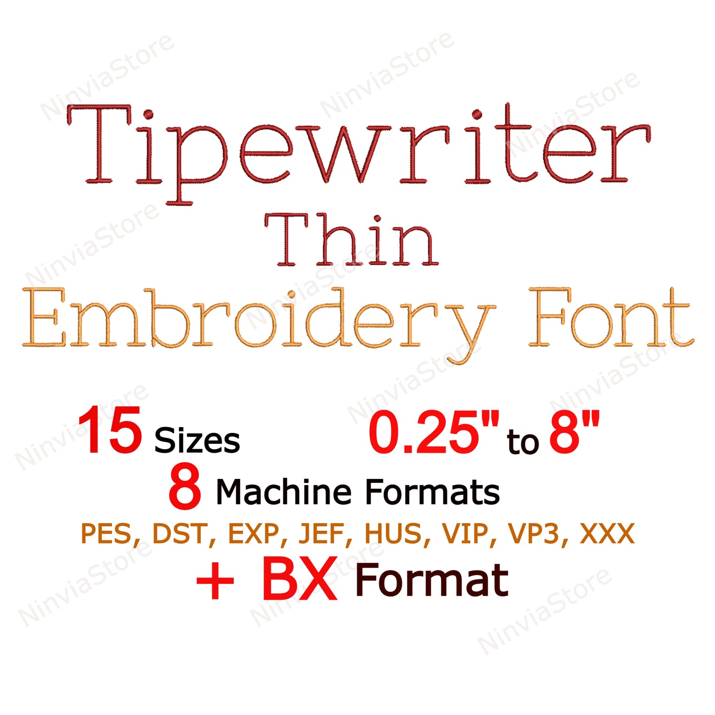 Schreibmaschinen-Schriftart für dünne Maschinenstickerei, 15 Größen, 8 Formate, BX-Schriftart, PE-Schriftart, Monogramm-Alphabet-Stickmotive