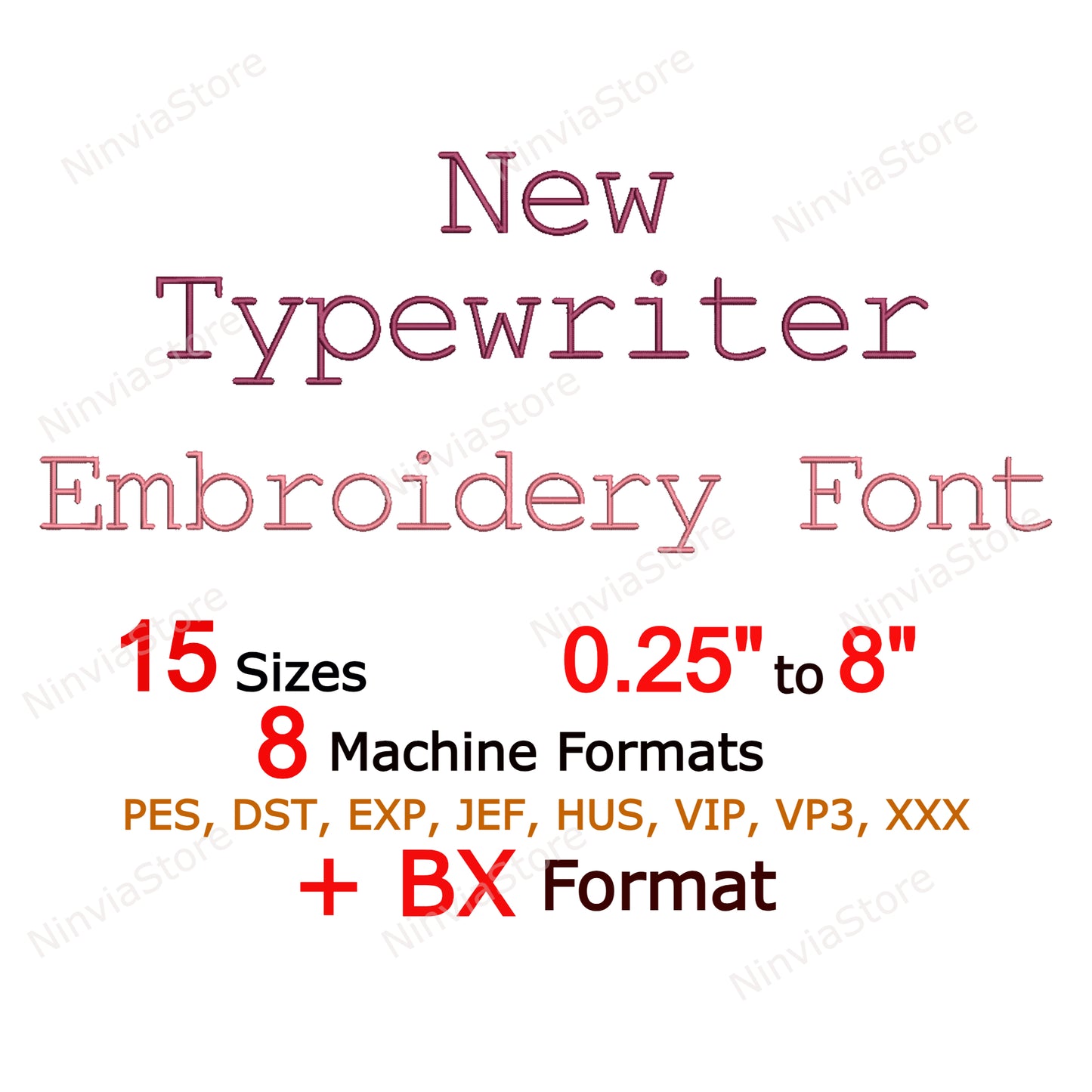 Neue Maschinenstickschrift „Schreibmaschine“, 15 Größen, 8 Formate, BX-Schriftart, PE-Schriftart, Monogramm-Alphabet-Stickmotive